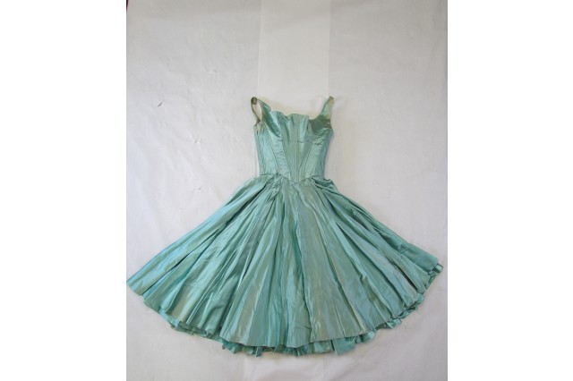 Satin blue dress with many pleats 