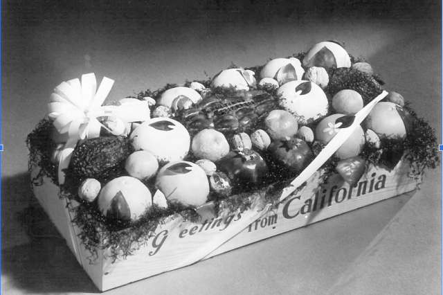 A gift package of oranges and walnuts with &quot;Greetings from California.&quot;