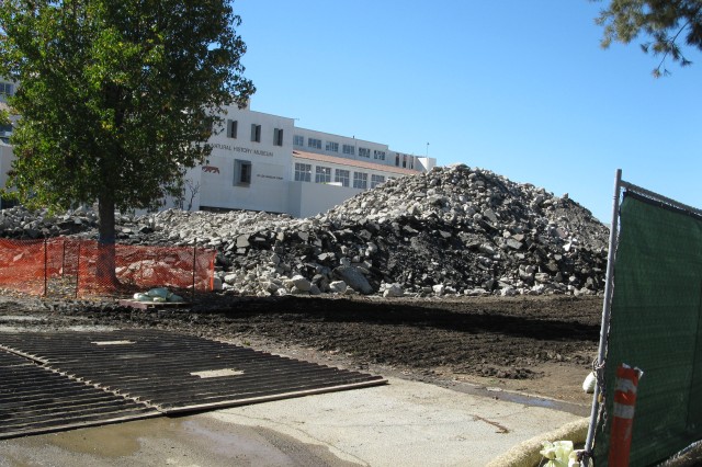 Pile of rubble in Nature Gardens build, NHM in background