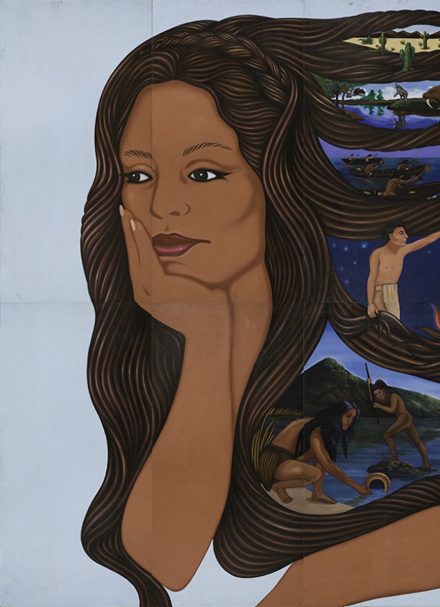 A painting of a woman with scenes of L.A. woven in her hair