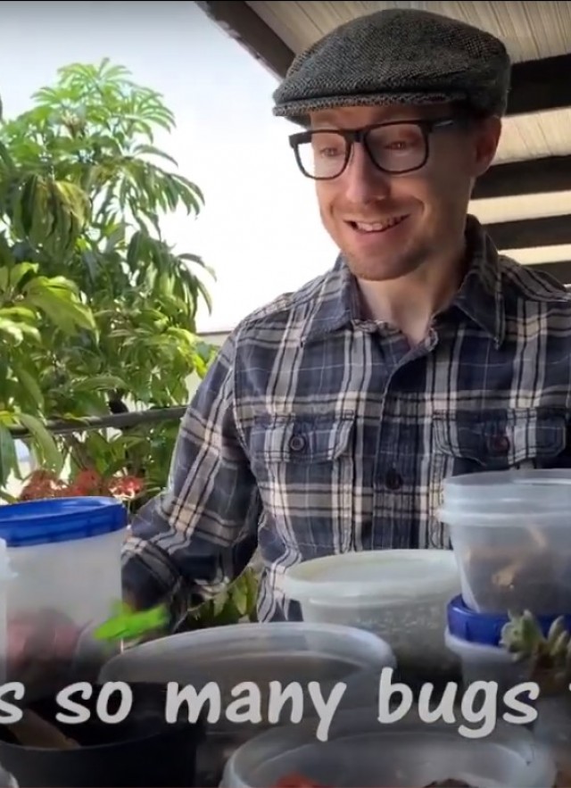 Man sitting on patio with text &quot;there&#039;s so many bugs to see&quot;