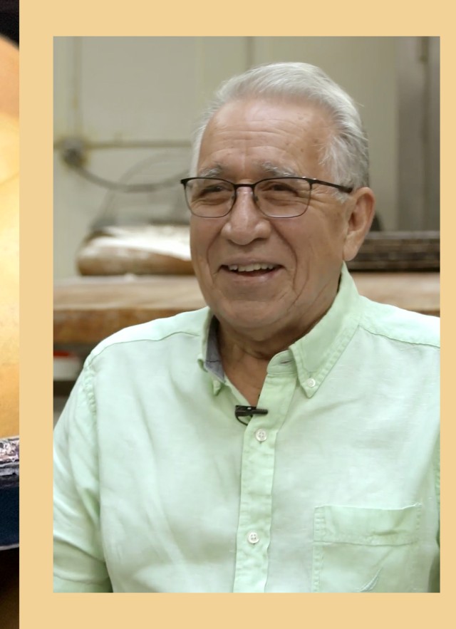 Man with green shirt and close up of bread