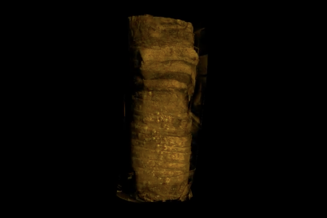 Still image of CAT scan of a mummified cat