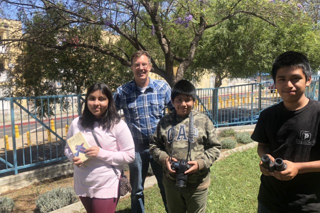 Esperanza Elementary Student Birders Yanny, Bryan, Ervin and Principal Brad Rumble