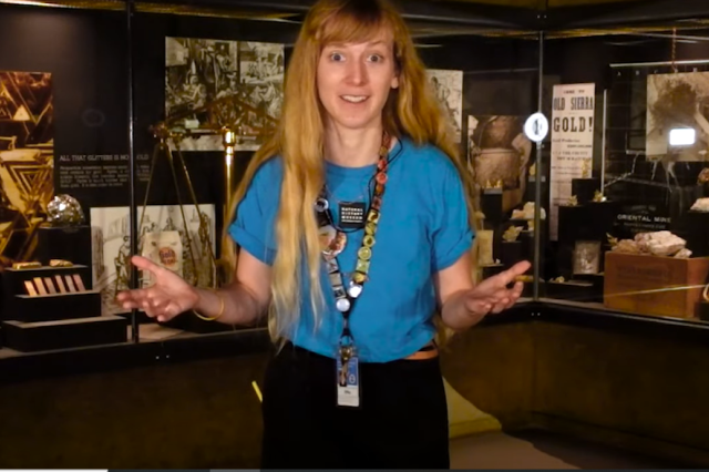 A museum educator gestures in front of gold rush objects