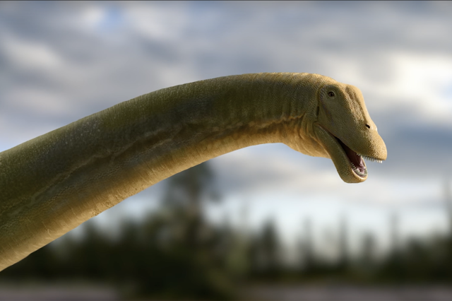 Side view of a green-hued dinosaur&#039;s head and neck