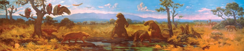 Mural depicting saber tooth cat and sloth at tar pit 