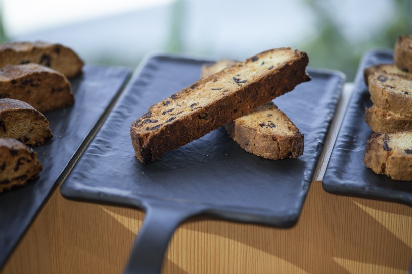 pieces of biscotti stacked on tray 