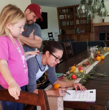 Charlotte and her parents review their notebook and plan for our walk.